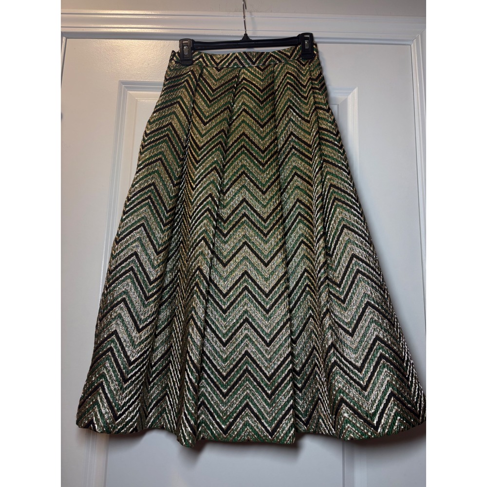 Marks & Spencer Limited Edition‎ Green and Gold Metallic Chevron Midi Size 8